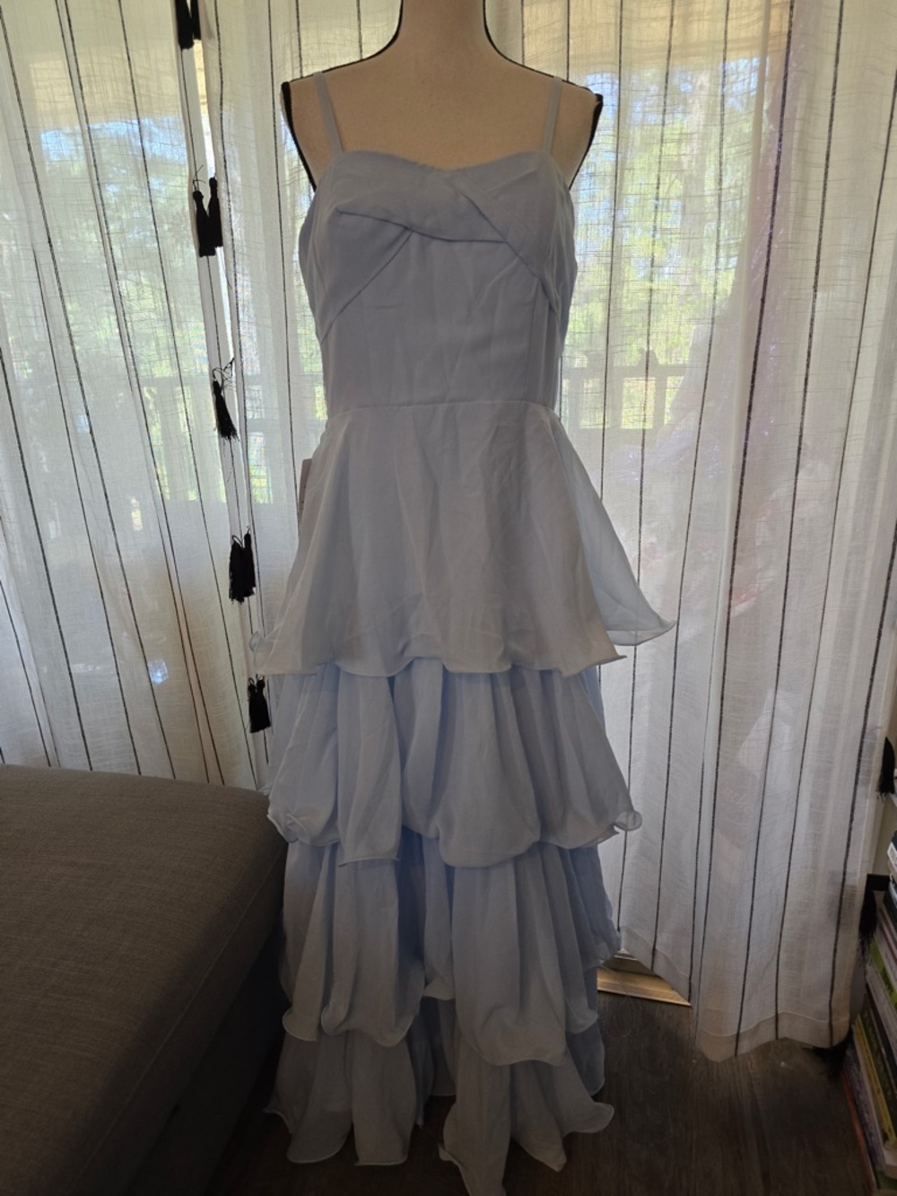 Light Blue Tiered Spaghetti-Strap Maxi Dress